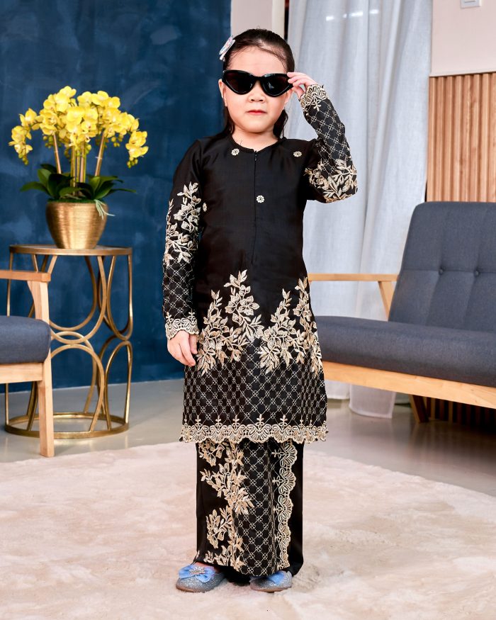 Baju Kurung Sulam Songket Tun Lestari Kids - Kuntum Black - Image 2