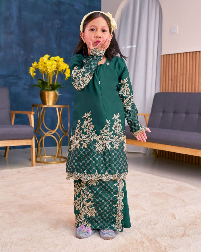 Baju Kurung Sulam Songket Tun Lestari Kids - Kuntum Green - Image 2