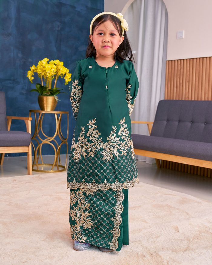 Baju Kurung Sulam Songket Tun Lestari Kids - Kuntum Green - Image 4