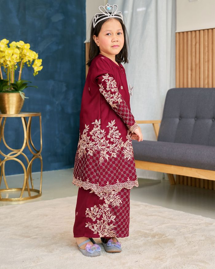 Baju Kurung Sulam Songket Tun Lestari Kids - Kuntum Maroon - Image 4