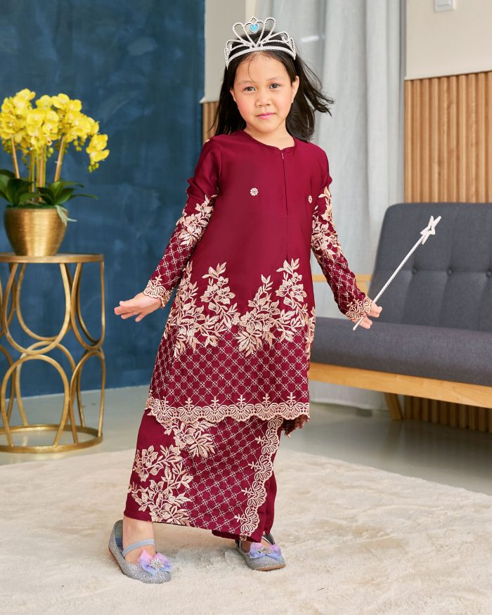 Baju Kurung Sulam Songket Tun Lestari Kids - Kuntum Maroon - Image 3