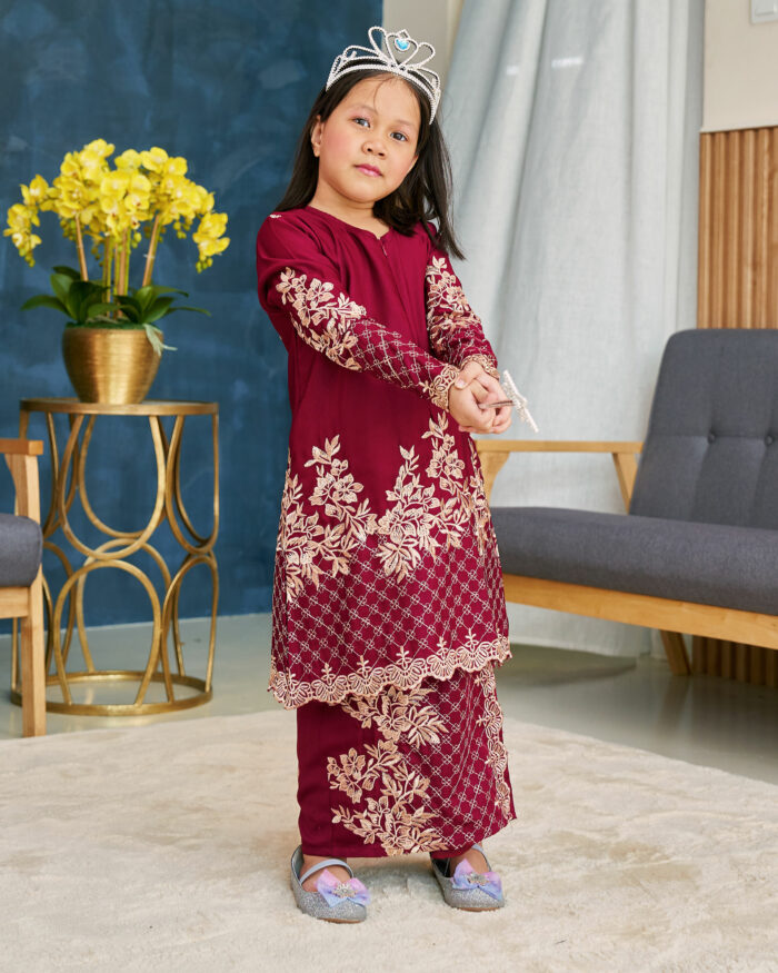 Baju Kurung Sulam Songket Tun Lestari Kids - Kuntum Maroon - Image 2