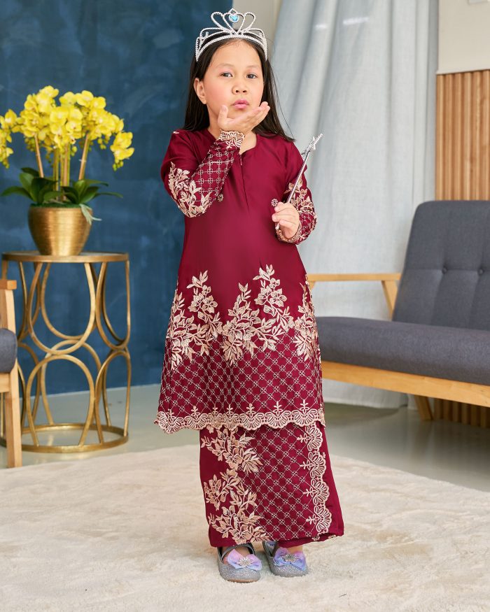 Baju Kurung Sulam Songket Tun Lestari Kids - Kuntum Maroon - Image 5