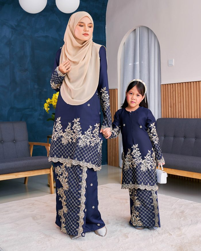 Baju Kurung Sulam Songket Tun Lestari Kids - Kuntum Navy Blue - Image 6