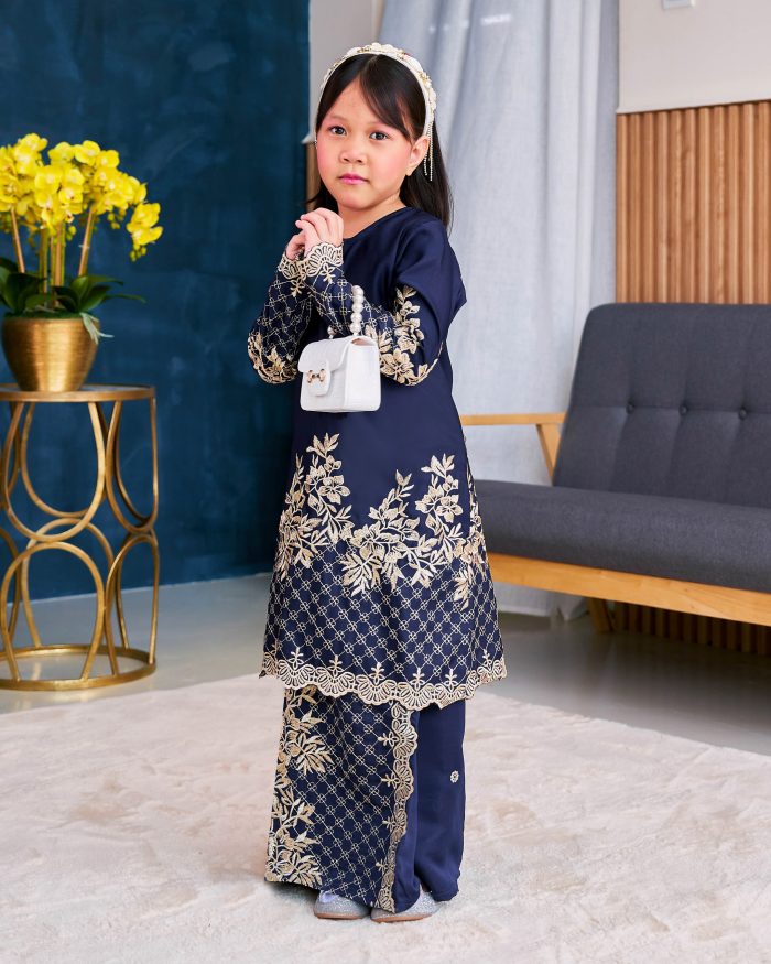 Baju Kurung Sulam Songket Tun Lestari Kids - Kuntum Navy Blue - Image 2