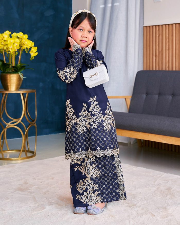 Baju Kurung Sulam Songket Tun Lestari Kids - Kuntum Navy Blue