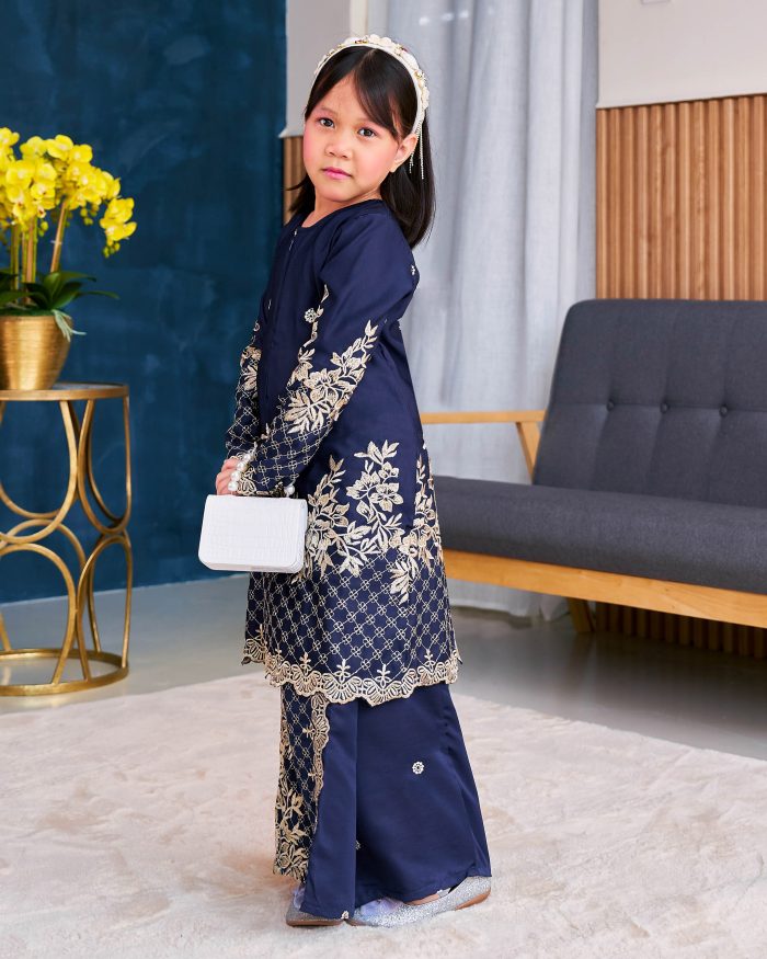 Baju Kurung Sulam Songket Tun Lestari Kids - Kuntum Navy Blue - Image 3