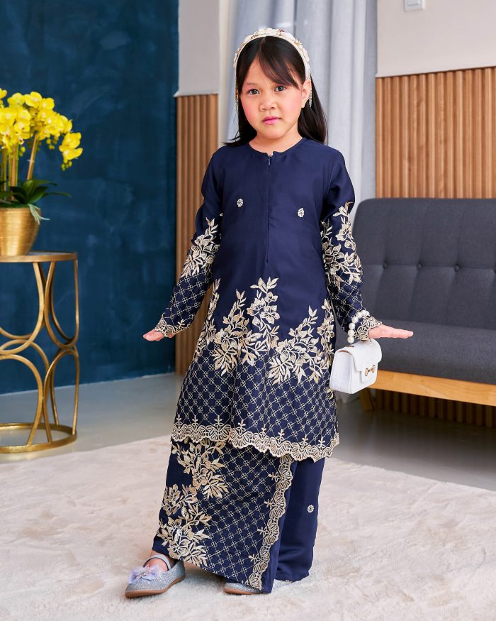 Baju Kurung Sulam Songket Tun Lestari Kids - Kuntum Navy Blue - Image 4