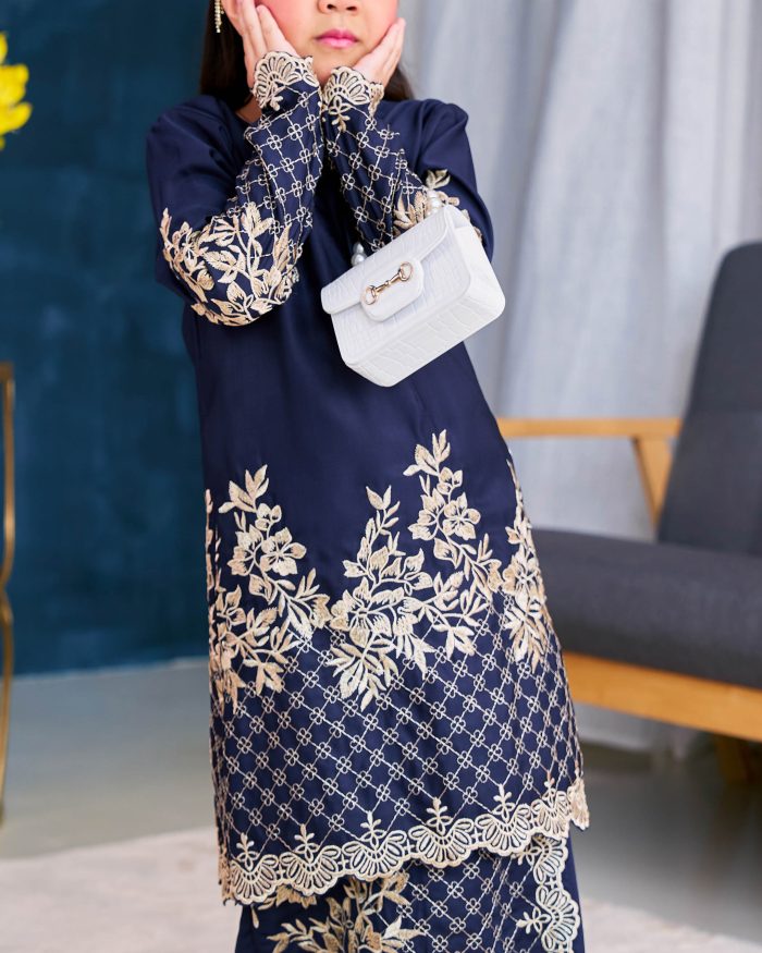 Baju Kurung Sulam Songket Tun Lestari Kids - Kuntum Navy Blue - Image 5