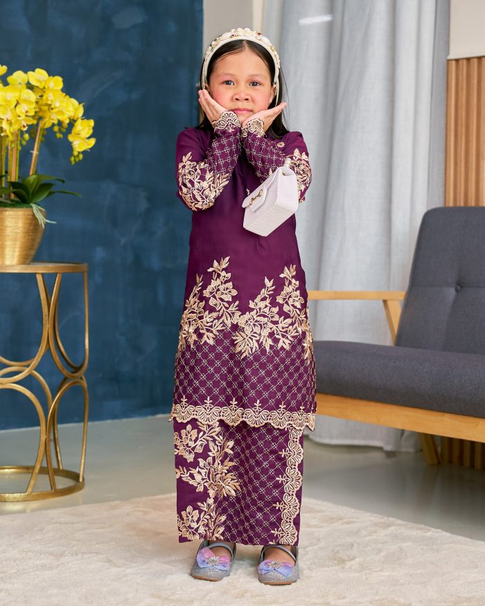 Baju Kurung Sulam Songket Tun Lestari Kids - Kuntum Purple - Image 2