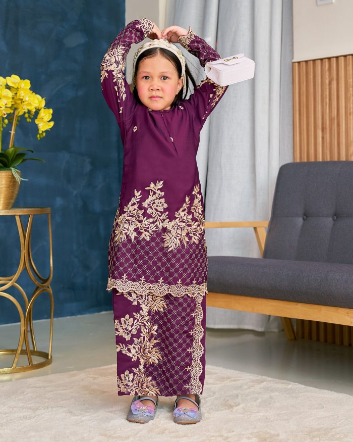 Baju Kurung Sulam Songket Tun Lestari Kids - Kuntum Purple - Image 4