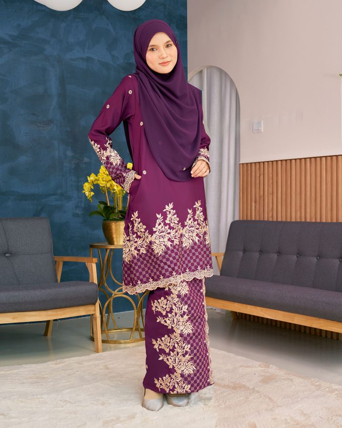 Baju Kurung Sulam Songket Tun Lestari - Kuntum Purple