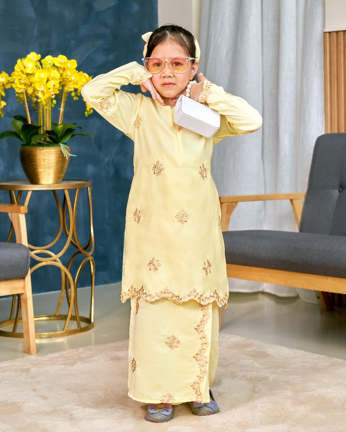 Baju Kurung Sulam Songket Tun Lestari Kids - Anggerik Yellow - Image 3