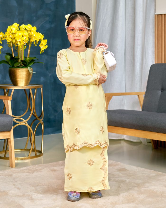 Baju Kurung Sulam Songket Tun Lestari Kids - Anggerik Yellow - Image 2