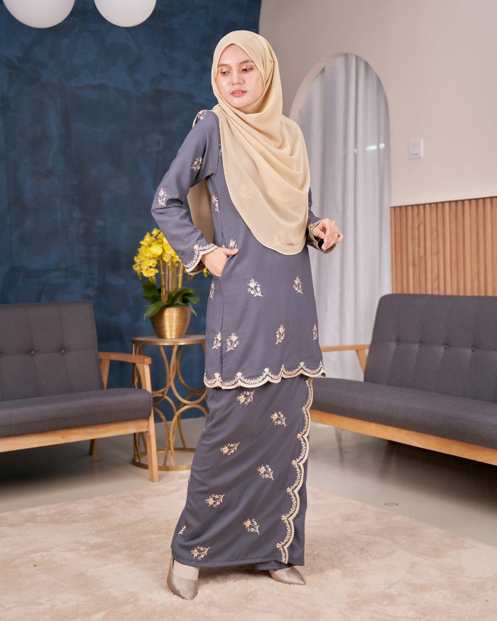 Baju Kurung Moden Sulam Songket Dang Anum - Jasmin Grey - Image 2