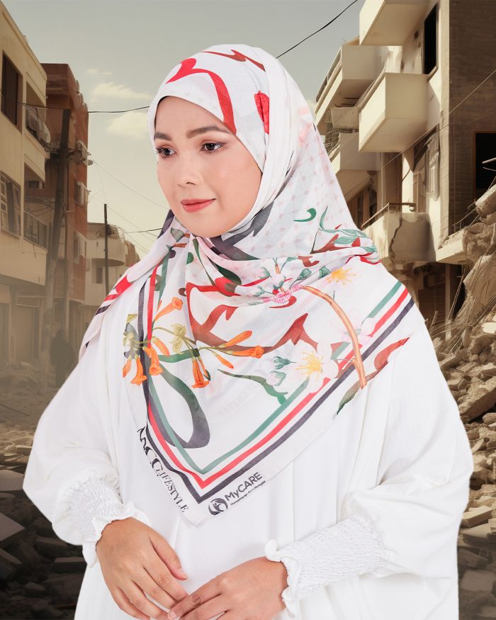 Tudung Bawal MCC Lifestyle x MyCare - Khat Palestine White - Image 4