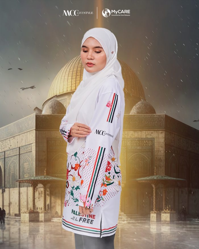 Muslimah Jersey MCC Lifestyle X MyCare - Palestine Khat White - Image 2