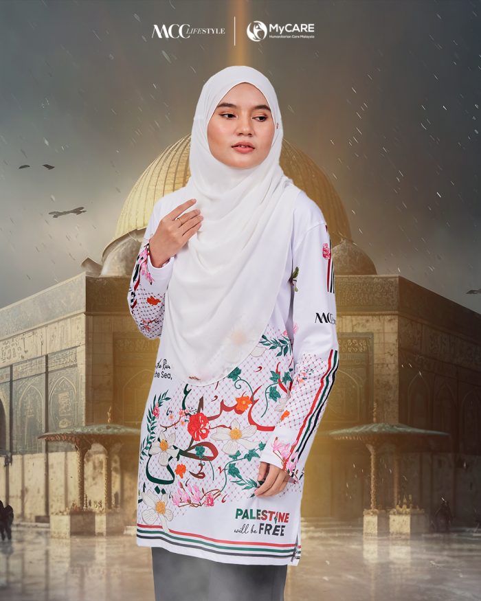 Muslimah Jersey MCC Lifestyle X MyCare - Palestine Khat White - Image 3