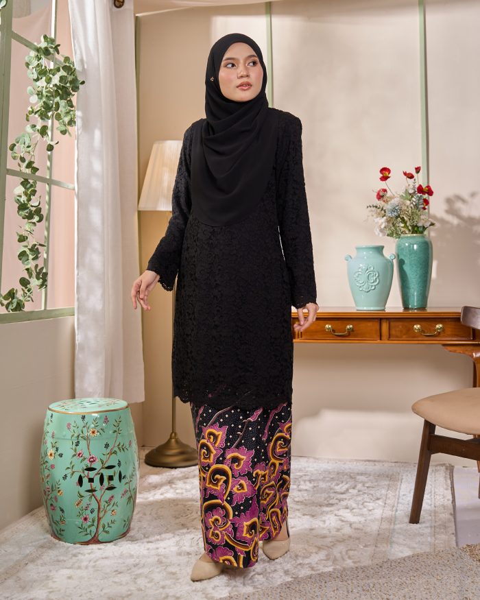 Baju Kurung Lace Batik Qaseh - Black Plum Yellow - Image 2