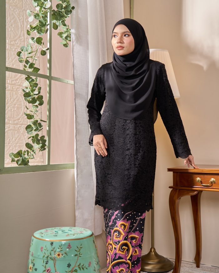 Baju Kurung Lace Batik Qaseh - Black Plum Yellow - Image 3