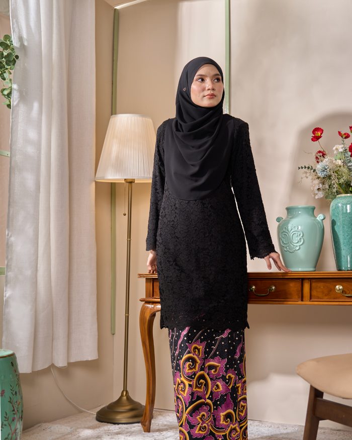 Baju Kurung Lace Batik Qaseh - Black Plum Yellow - Image 4