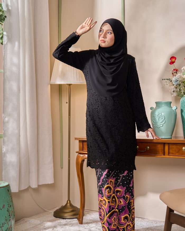 Baju Kurung Lace Batik Qaseh - Black Plum Yellow - Image 5