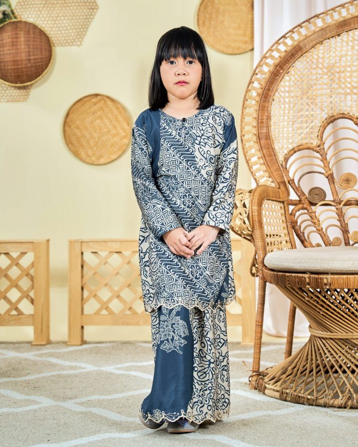Baju Kurung Moden Batik Sulam Sultanah Kids 9.0 - Azalea French Blue - Image 2