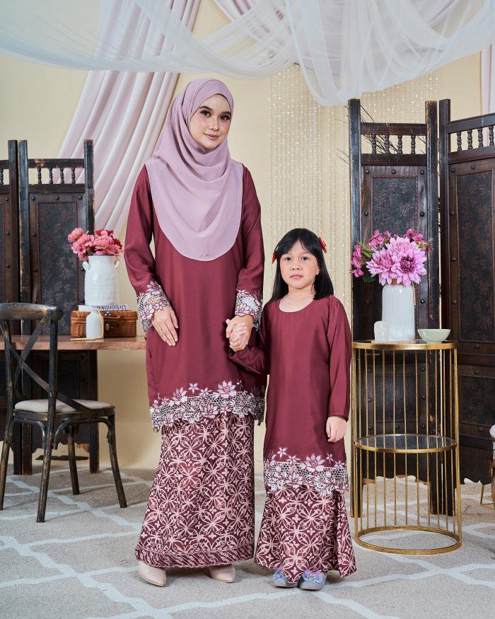 Baju Kurung Moden Batik Lace Sultanah Kids 10.0 - Adlina Maroon - Image 4