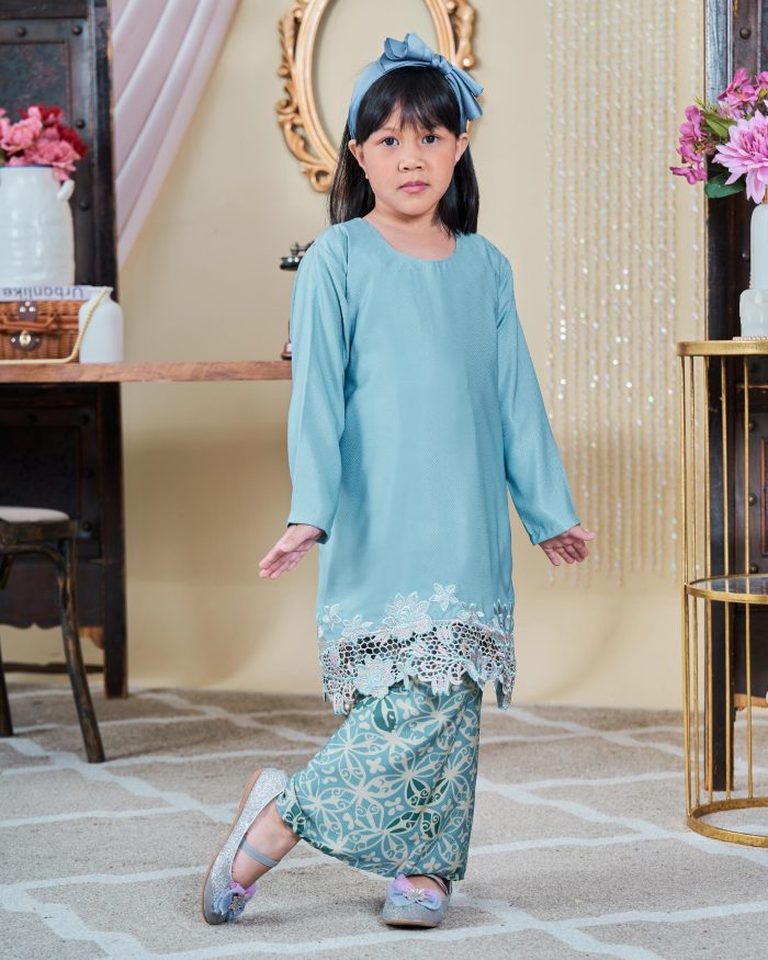 Baju Kurung Moden Batik Lace Sultanah Kids 10.0 - Adlina Sky Blue - Image 2