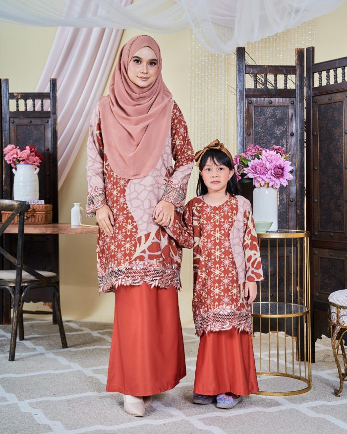 Baju Kurung Moden Batik Sulam Sultanah Kids 10.0 - Alena Burnt Orange - Image 3