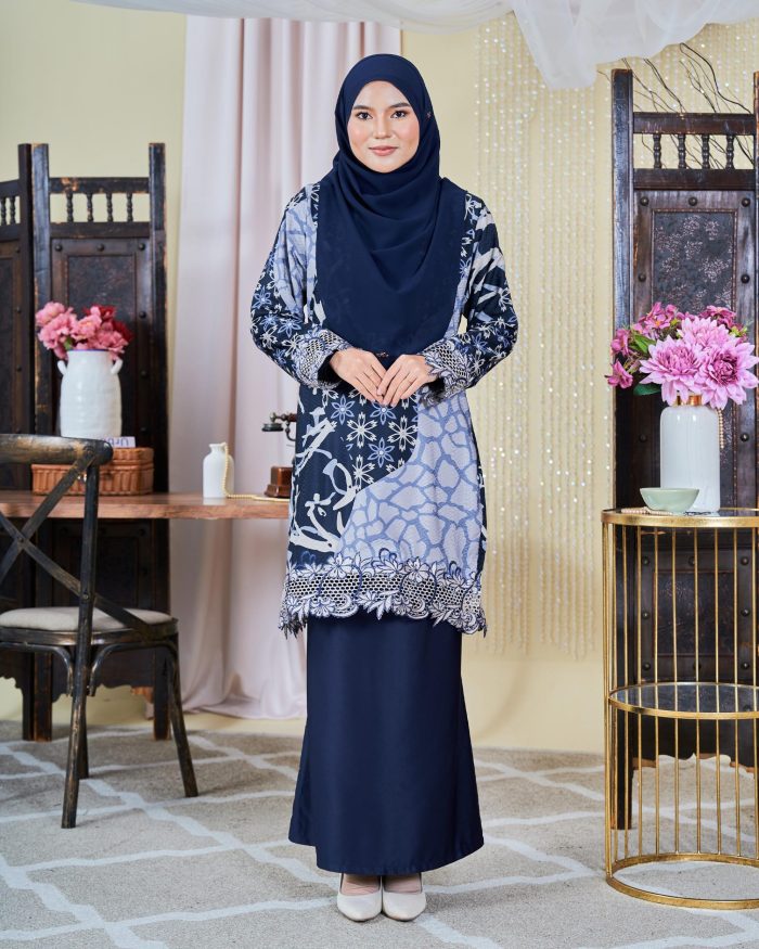 Baju Kurung Moden Batik Sulam Sultanah 10.0 - Alena Navy Blue