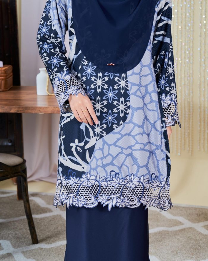 Baju Kurung Moden Batik Sulam Sultanah 10.0 - Alena Navy Blue - Image 2