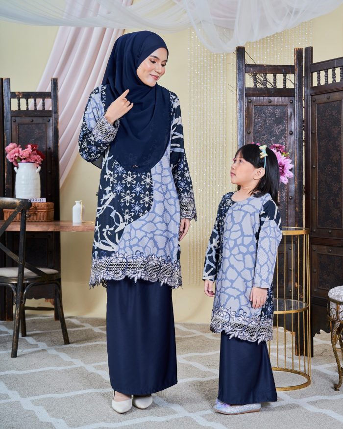 Baju Kurung Moden Batik Sulam Sultanah Kids 10.0 - Alena Navy Blue - Image 3