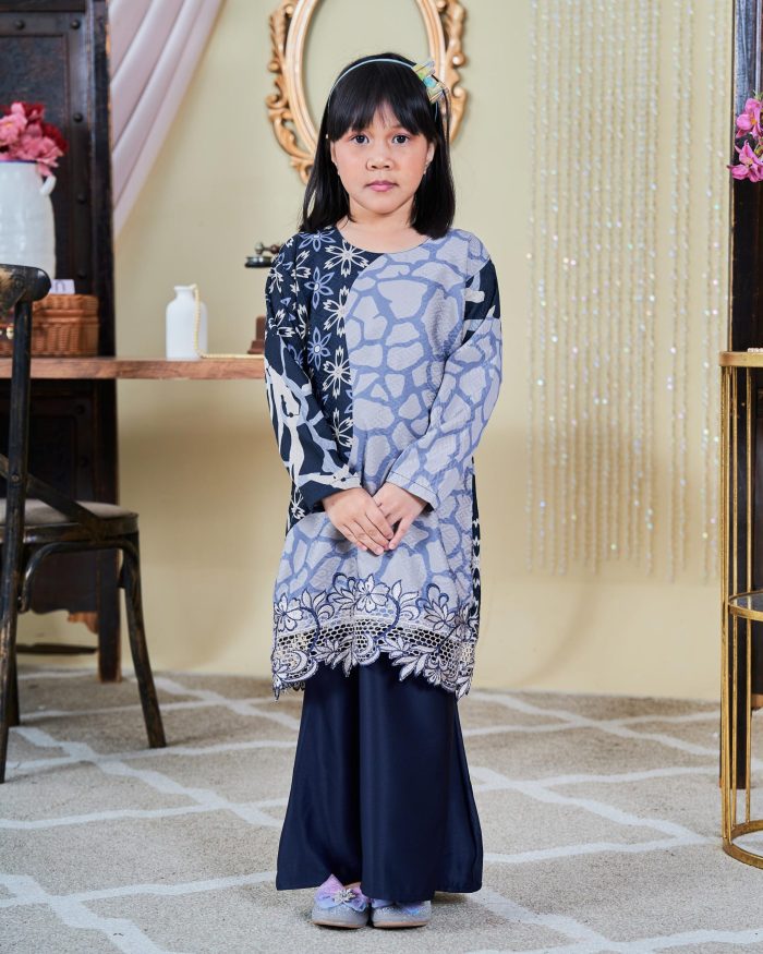 Baju Kurung Moden Batik Sulam Sultanah Kids 10.0 - Alena Navy Blue