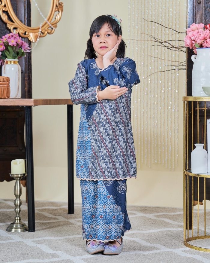 Baju Kurung Moden Batik Sultanah Kids 9.0 - Jiwa Denim Blue - Image 2