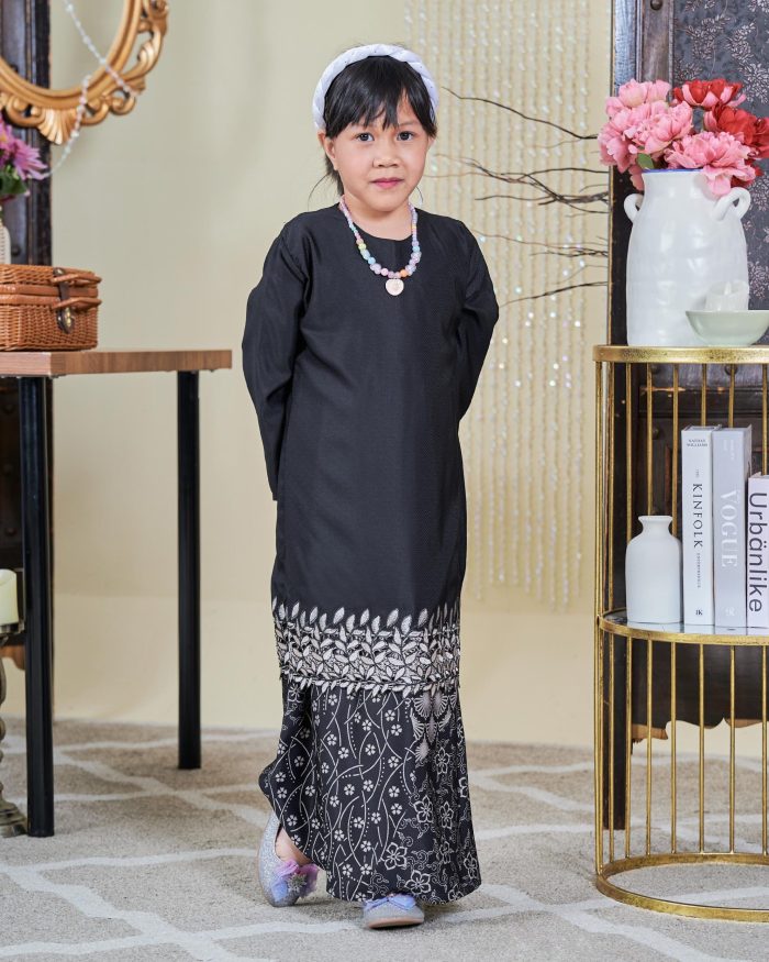 Baju Kurung Moden Batik Sulam Sultanah Kids 10.0 - Adira Black
