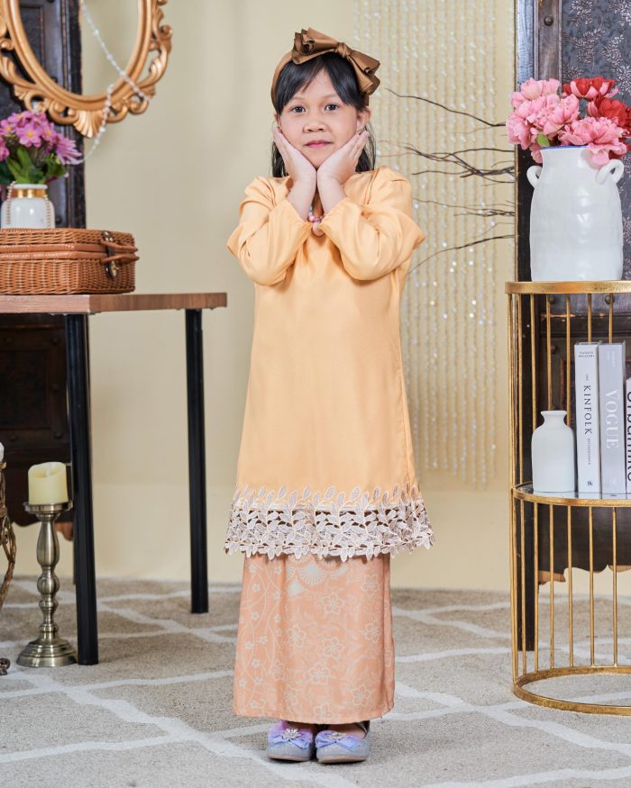 Baju Kurung Moden Batik Sulam Sultanah Kids 10.0 - Adira Custard - Image 2