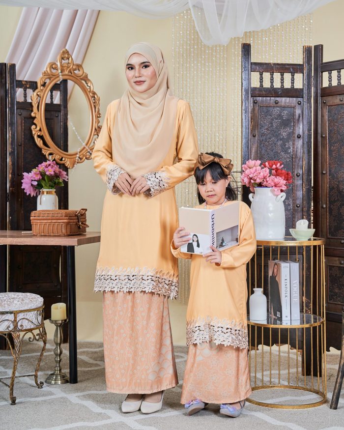 Baju Kurung Moden Batik Sulam Sultanah Kids 10.0 - Adira Custard - Image 3