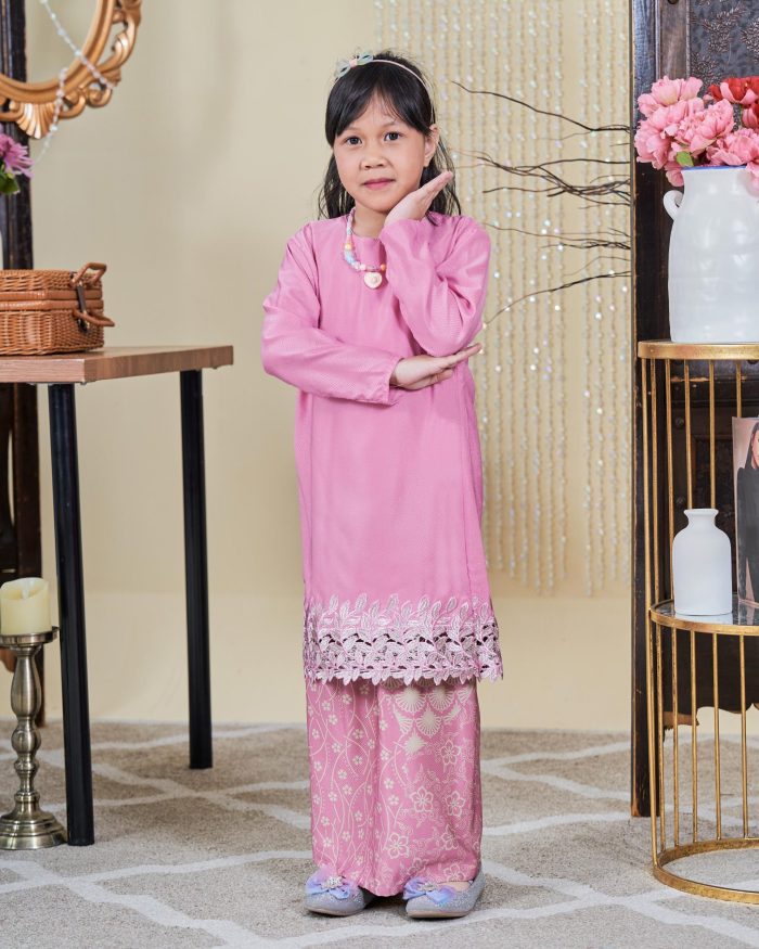 Baju Kurung Moden Batik Sulam Sultanah Kids 10.0 - Adira Hot Pink - Image 2