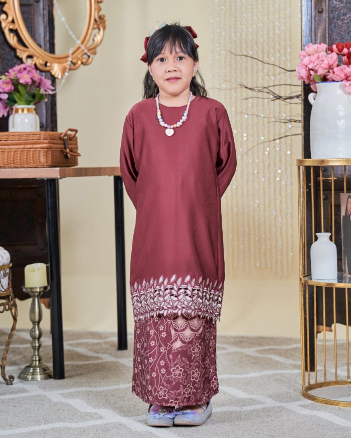 Baju Kurung Moden Batik Sulam Sultanah Kids 10.0 - Adira Maroon
