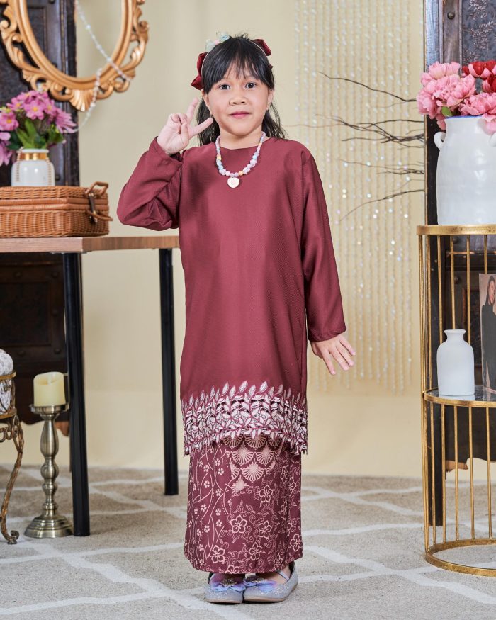 Baju Kurung Moden Batik Sulam Sultanah Kids 10.0 - Adira Maroon - Image 2
