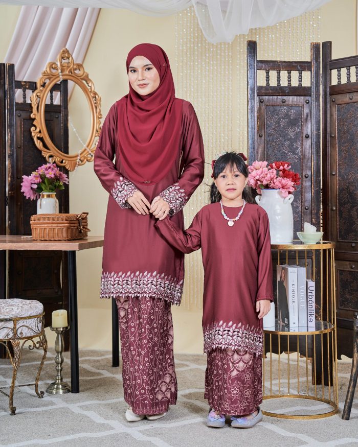 Baju Kurung Moden Batik Sulam Sultanah 10.0 - Adira Maroon - Image 4