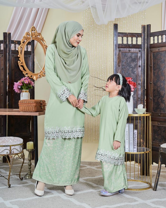 Baju Kurung Moden Batik Sulam Sultanah Kids 10.0 - Adira Pistachio - Image 3