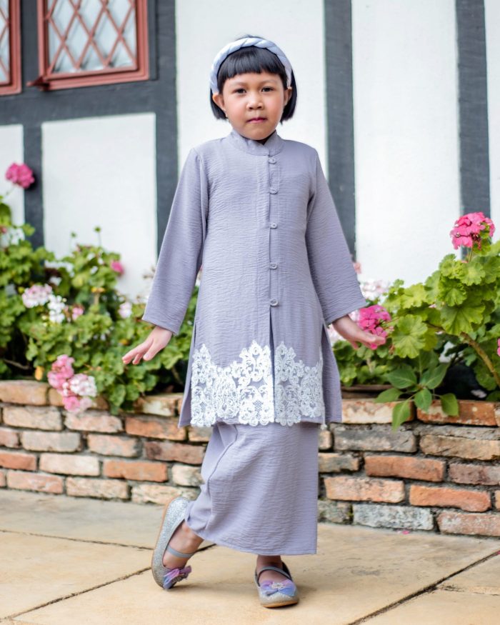 Baju Kebarung Sultanah Kids - Nilamsari Steel Grey - Image 4