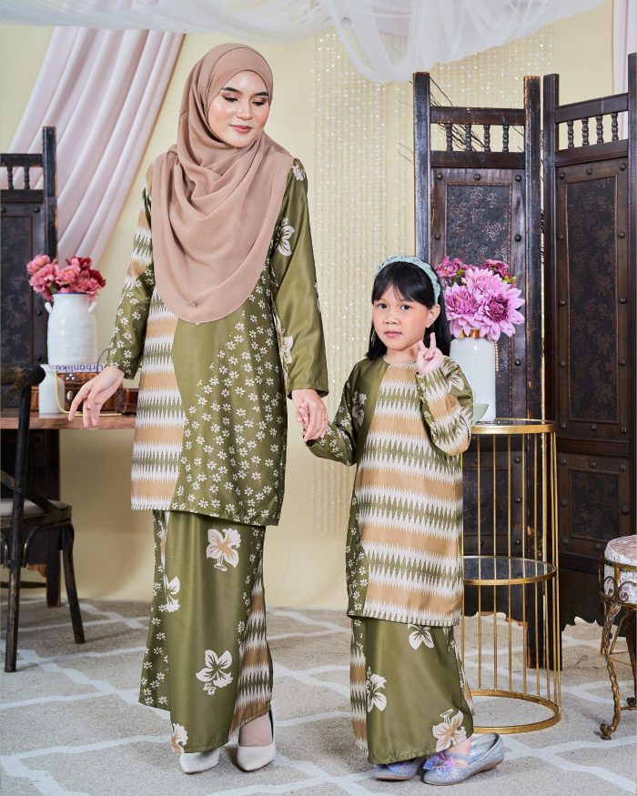 Baju Kurung Moden Batik Sultanah Kids 9.0 - Rayana Moss Olive - Image 4