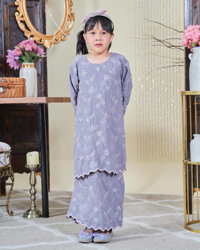 Baju Kurung Moden Sulam Sultanah Kids - Seri Ash Grey