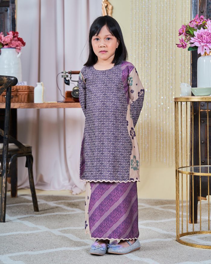 Baju Kurung Moden Batik Sultanah Kids 9.0 - Wardina Amethyst Purple - Image 3