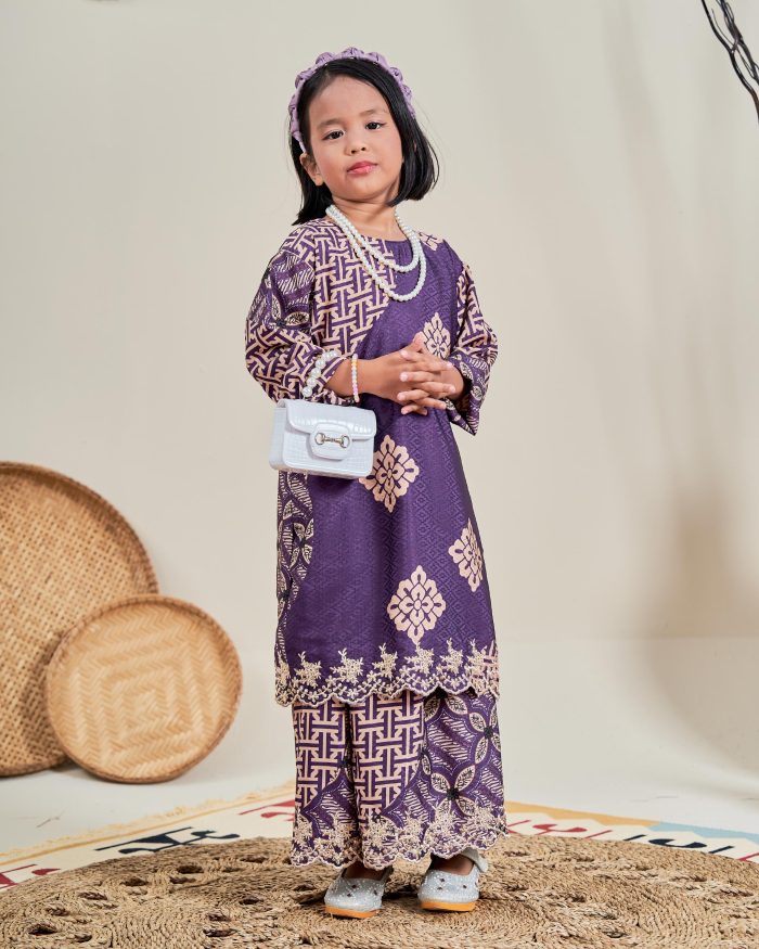 Baju Kurung Moden Batik Sulam Sultanah 10.0 Kids - Kartika Dark Purple - Image 2