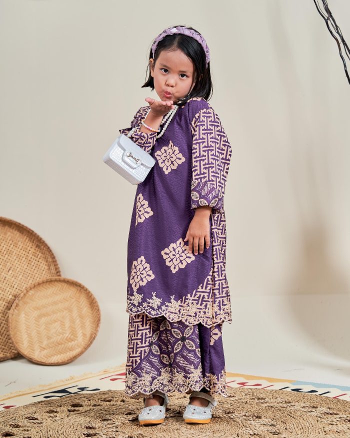 Baju Kurung Moden Batik Sulam Sultanah 10.0 Kids - Kartika Dark Purple - Image 3