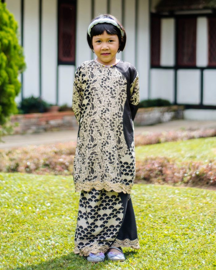 Baju Kurung Moden Batik Sulam Sultanah Kids 10.0 - Kenanga Black Olive